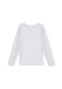 Biała bluzka z długim rękawem i dekoltem w serek, wykonana z gładkiego materiału, o prostym kroju i minimalistycznym designie, bez widocznych wzorów czy detali metalowych.