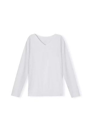 Biała bluzka z długim rękawem i dekoltem w serek, wykonana z gładkiego materiału, o prostym kroju i minimalistycznym designie, bez widocznych wzorów czy detali metalowych.