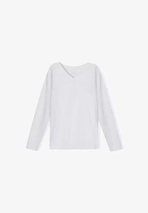 Biała bluzka z długim rękawem i dekoltem w serek, wykonana z gładkiego materiału, o prostym kroju i minimalistycznym designie, bez widocznych wzorów czy detali metalowych.