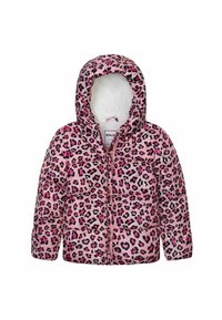 Chaqueta acolchada de color rosa con un estampado de leopardo en negro y púrpura. Cuenta con capucha y cierre de cremallera, con un suave forro blanco.