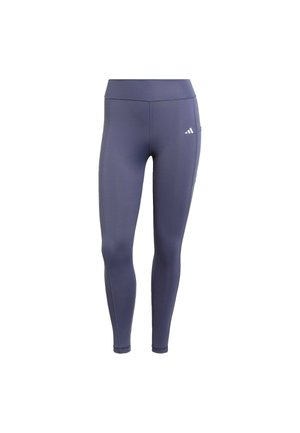 Leggings atletici blu navy realizzati in tessuto elastico, con vita e tasca laterale; texture liscia con dettagli di cucitura minimi.
