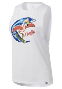 Weißes ärmelloses Tanktop mit einem bunten Grafikdesign eines Flamingos auf einer Welle, begleitet von dem roten Schriftzug "CrossFit". Weicher Stoff, lockere Passform.
