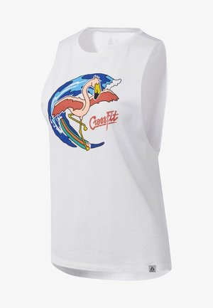White sleeveless tank top featuring a colorful graphic of a flamingo on a wave, with the text "CrossFit" in red. Soft fabric, relaxed fit.