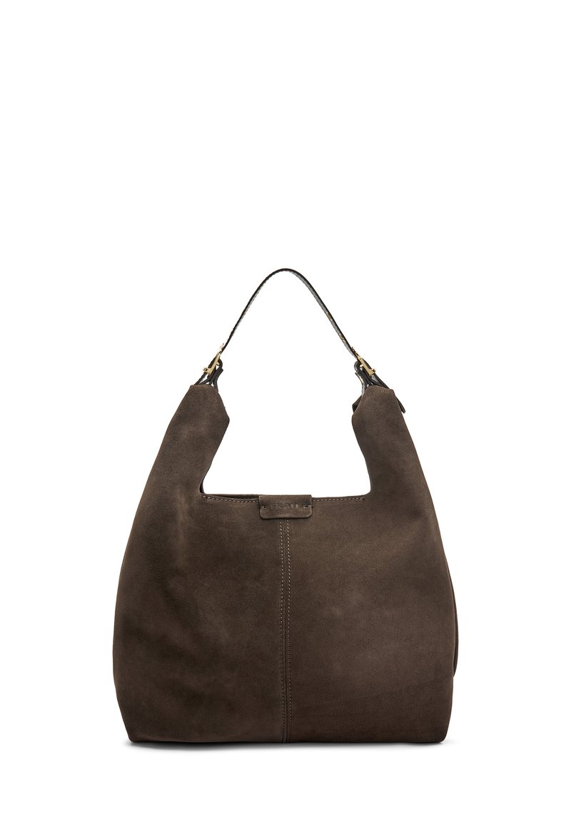 Borsa a spalla in suede marrone con una finitura liscia, forma hobo e tracolla corta. Include un sottile patch con logo e cuciture decorative.