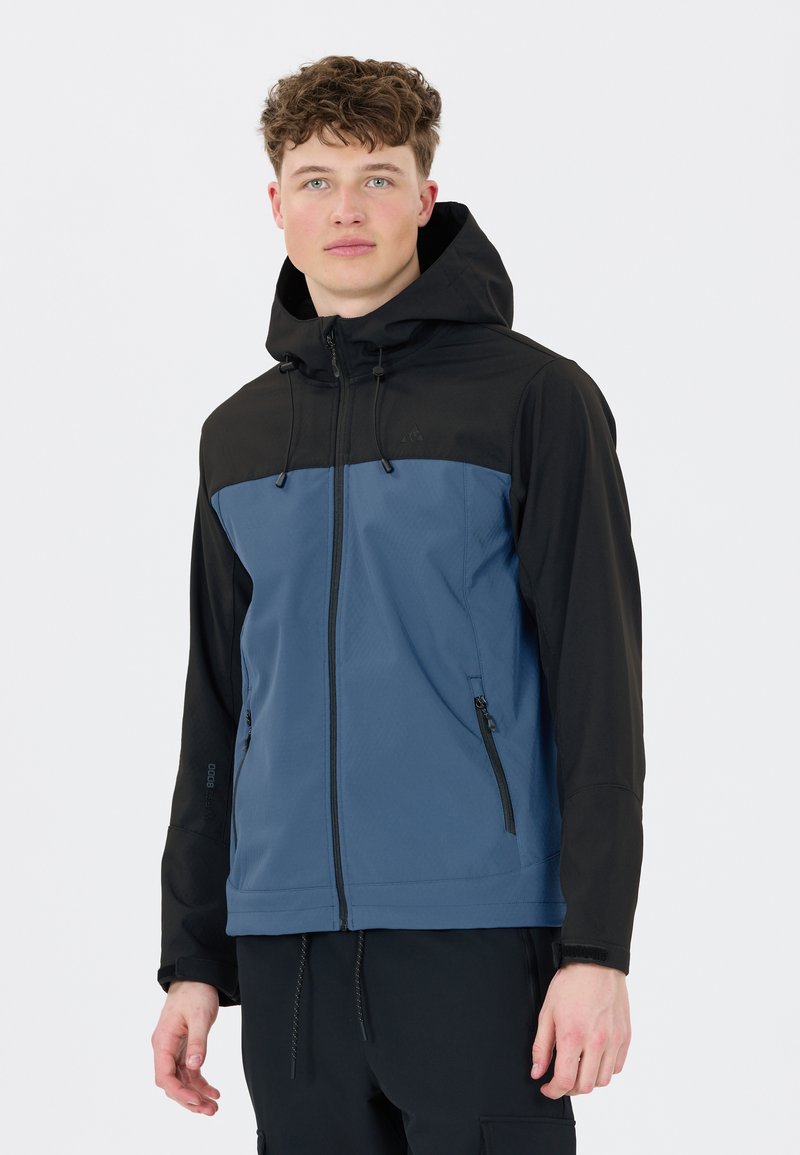 Kapuzenshirt mit der oberen Hälfte in Schwarz und dem unteren Abschnitt in Blau. Verfügt über Reißverschlusstaschen, verstellbare Kordeln und strukturierter Stoff.