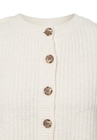 Cardigan lavorato a maglia off-white con collo rotondo e cinque grandi bottoni marmorizzati che scendono sul davanti. Tessuto testurizzato con dettagli a coste.