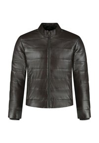 Giubbotto in pelle marrone scuro da uomo con cuciture orizzontali, zip frontale, colletto alla coreana e tasche laterali con zip.