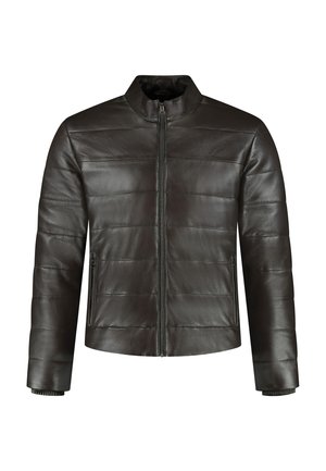 Donkere bruin leren jas voor mannen met horizontale stiksels, een ritssluiting aan de voorkant, een staande kraag en ritszakken aan de zijkanten.