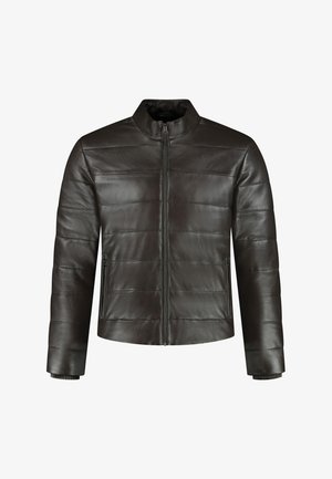 Men’s dark brown leather jacket with horizontal stitching, front zipper, stand collar, and zippered side pockets.