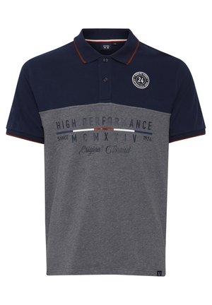 Marineblauw en grijs polo-shirt met korte mouwen, een kraag en een knoopsluiting. Bevat tekstprint en een geborduurd logo op de borst.