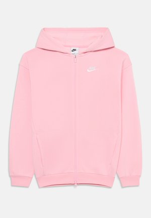 Rosa zip-up hoodie lavet af blødt stof, med en kængurulomme, ribbede manchetter og et hvidt Nike-logo på venstre bryst.
