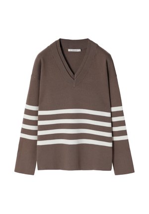 Brown knit sweater featuring a v-neck and white horizontal stripes. Long sleeves with ribbed cuffs, no additional patterns or embellishments.