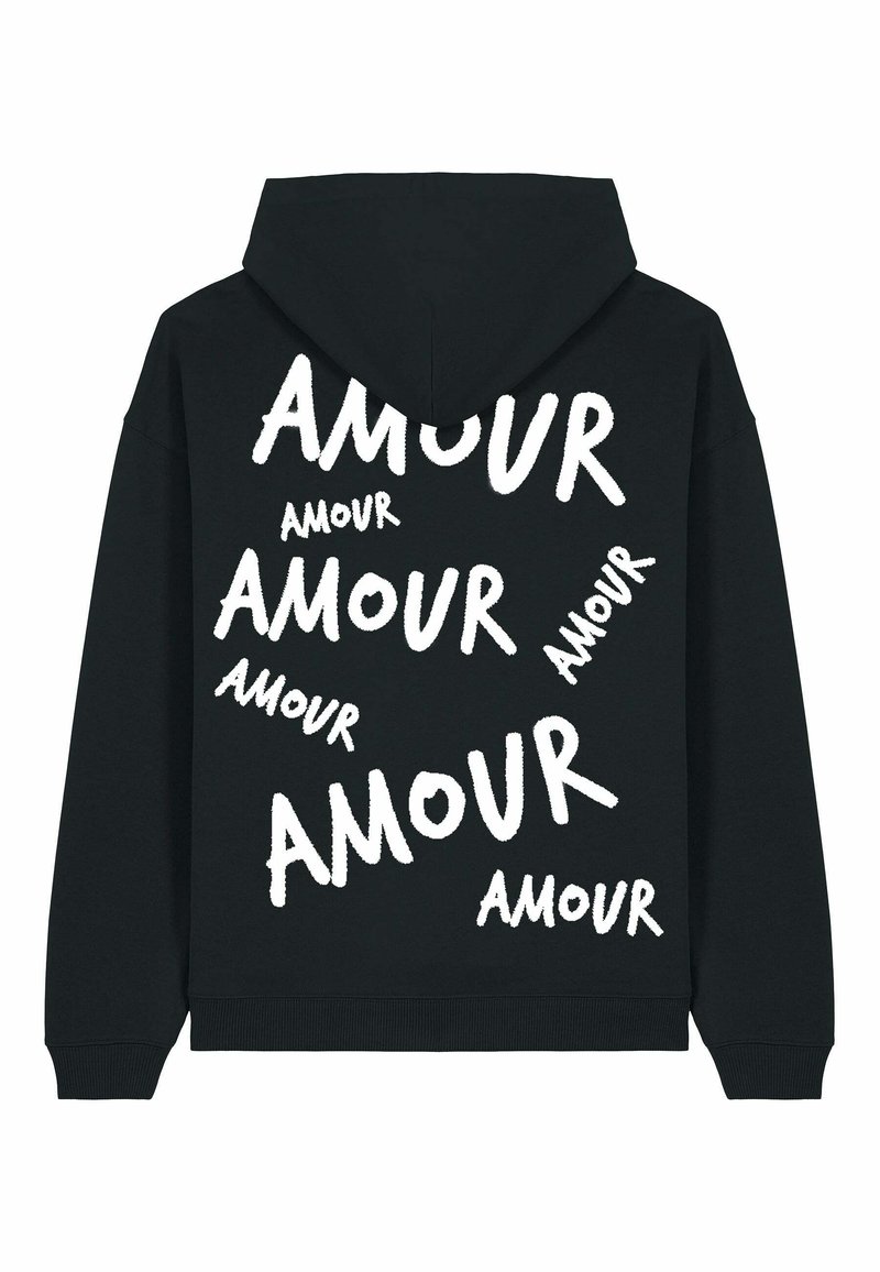 Felpa nera con cappuccio, dal taglio morbido, con la scritta "AMOUR" in diverse dimensioni e orientamenti stampata in bianco su tutta la schiena. Tessuto morbido.