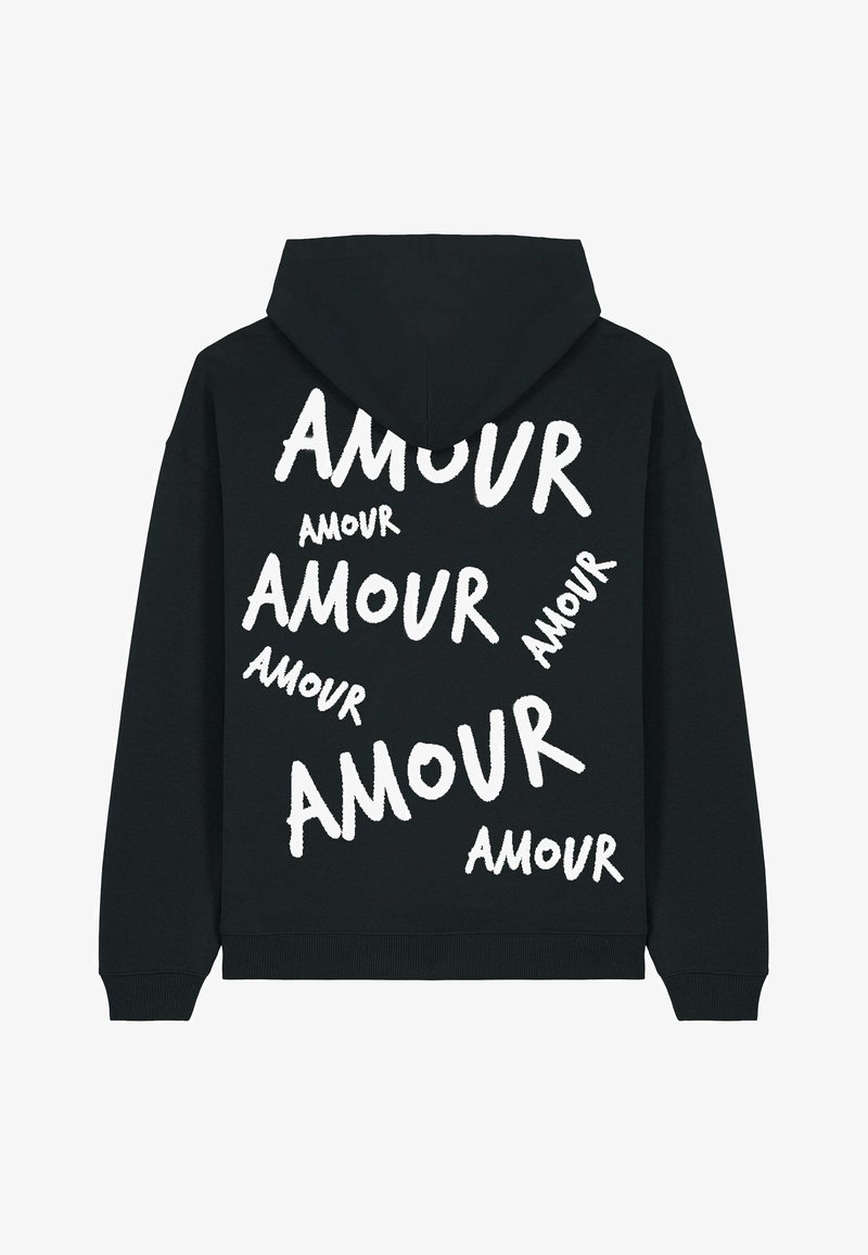 Felpa nera con cappuccio, dal taglio morbido, con la scritta "AMOUR" in diverse dimensioni e orientamenti stampata in bianco su tutta la schiena. Tessuto morbido.