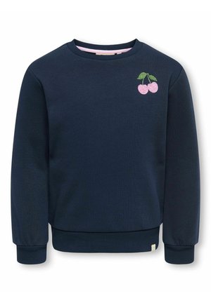 Sweat bleu marine à col rond avec manches longues et une petite broderie cerise rose avec des feuilles vertes sur le côté gauche de la poitrine.