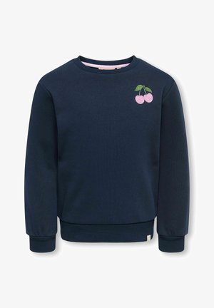 Sweat bleu marine à col rond avec manches longues et une petite broderie cerise rose avec des feuilles vertes sur le côté gauche de la poitrine.