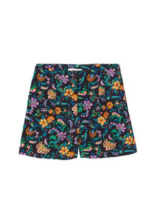 Shorts noirs avec un motif floral coloré en orange, violet, vert et bleu, dotés d'une ceinture et de passants pour ceinture.