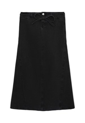 Schwarzer Jeansrock mit hoher Taille, Knopfverschluss und gebundenem Gürtel. Hat eine A-Linien-Form und kontrastierender Naht entlang der Säume.