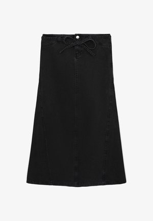 Black denim skirt with a high waist, button closure, and a tied belt. Features a-line shape and contrasting stitching along the seams.