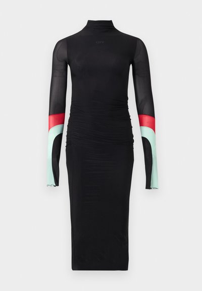 Fekete, hosszú ujjú midi ruha magas nyakkal, áttetsző ujjakkal és piros, világoskék és fekete színű blokkokkal az alkarokon.