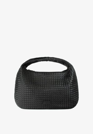 Must muströötud käekott ümmarguse kujuga, tekstuuriga pinnaga ja ühe ülemise sangaga. Omab minimalistlikku disaini ilma nähtava riistvarata.