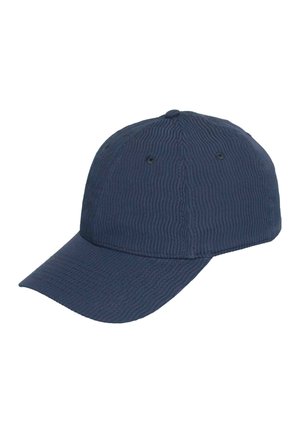 Navy blue baseball cap with a curved brim, six-panel structured design, and two air vent holes visible on the front side.