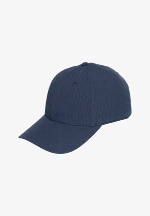 Navy blue baseball cap with a curved brim, six-panel structured design, and two air vent holes visible on the front side.
