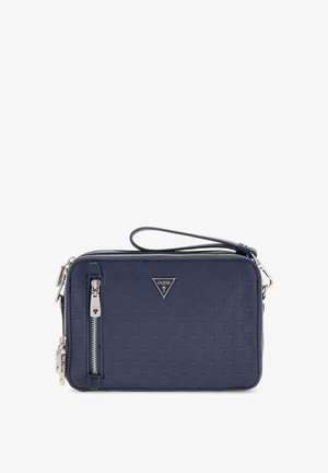 Borsa a tracolla blu navy realizzata in materiale sintetico testurizzato, con chiusura con zip, tracolla e placca con logo sul davanti.