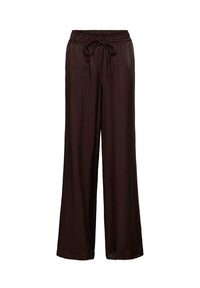 Bruine wijde broek gemaakt van een gladde, lichte stof. Heeft een elastische tailleband met een trekkoord voor een verstelbare pasvorm.