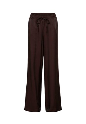 Bruine wijde broek gemaakt van een gladde, lichte stof. Heeft een elastische tailleband met een trekkoord voor een verstelbare pasvorm.