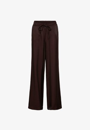Bruine wijde broek gemaakt van een gladde, lichte stof. Heeft een elastische tailleband met een trekkoord voor een verstelbare pasvorm.