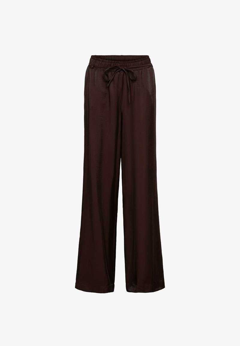 Bruine wijde broek gemaakt van een gladde, lichte stof. Heeft een elastische tailleband met een trekkoord voor een verstelbare pasvorm.