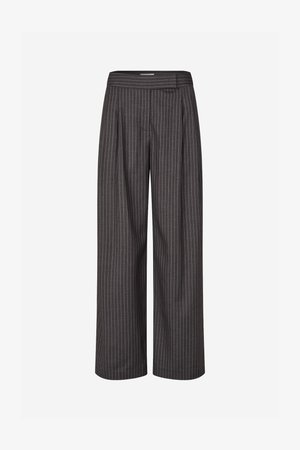 Wide-leg trousers in dark gray fabric with white pinstripes. Features a high waist and pleated front design for a tailored look.