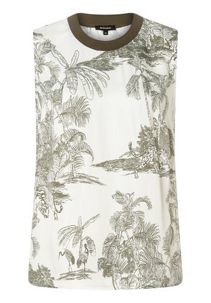 Ärmelloses Oberteil aus weißem Stoff mit grünen botanischen und tierischen Illustrationen. Hat einen runden braunen Halsausschnitt und einen lässigen Schnitt.