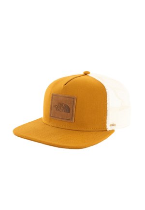 Casquette jaune avec une visière plate, tissu texturé, logo en patch de cuir beige, et un dos en mesh blanc respirant.