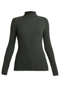 Pull à col roulé à rayures vert foncé, à manches longues, au design ajusté et avec un motif tricoté texturé. Zone des aisselles ouverte pour plus de respirabilité.