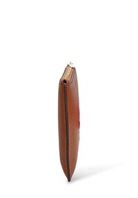 Brown leather wallet with a textured surface, featuring a gold zipper across the top, and slim, elongated shape.