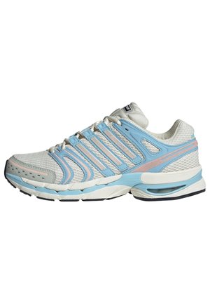 White and light blue athletic sneaker with mesh fabric, padded tongue, and cushioned sole with visible air support in the heel.