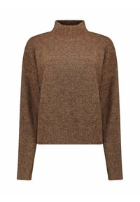 Bruine gebreide trui met een hoge hals, lange mouwen en een geribbelde zoom, met een iets losse pasvorm en een zachte textuur.