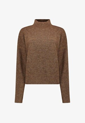 Maglione marrone lavorato a maglia con collo alto, maniche lunghe e orlo a coste, caratterizzato da una vestibilità leggermente ampia e una texture morbida.