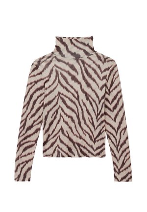 Turtleneck langærmet top i creme med brune zebra-striber; blødt stof, tætsiddende design og høj krave.