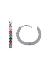 Orecchini a cerchio in argento con una fila di gemme multicolori, tra cui rosa, verde e blu. Design elegante con una finitura lucida.