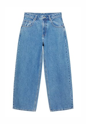 Blaue Jeans mit weitem Bein, hoher Taille, Knopf- und Reißverschluss, vorne und hinten Taschen und Gürtelschlaufen.