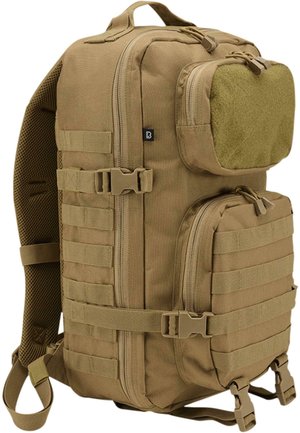 Tan tactical backpack with multiple zippered compartments, MOLLE webbing, and padded mesh back. Features adjustable straps and sturdy hardware.