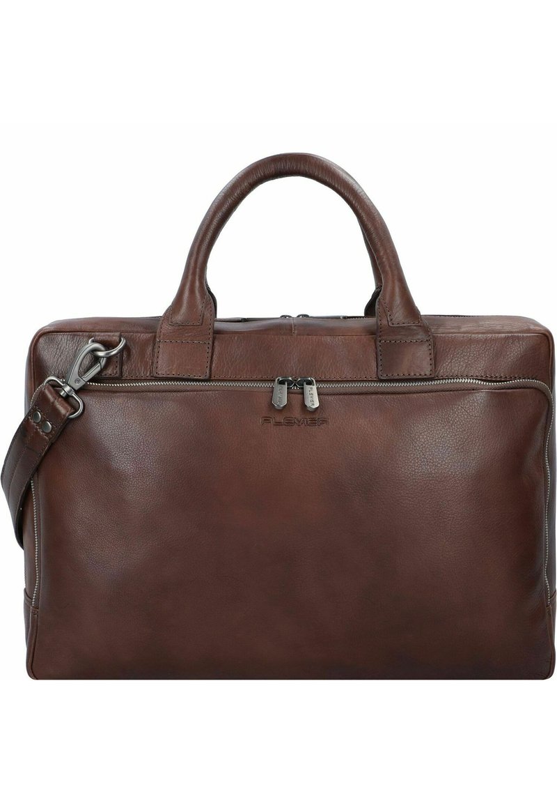 Bruine leren aktetas met twee handvatten aan de bovenkant en een afneembare schouderband. Voorzien van een ritssluiting en logodetail op de voorkant.