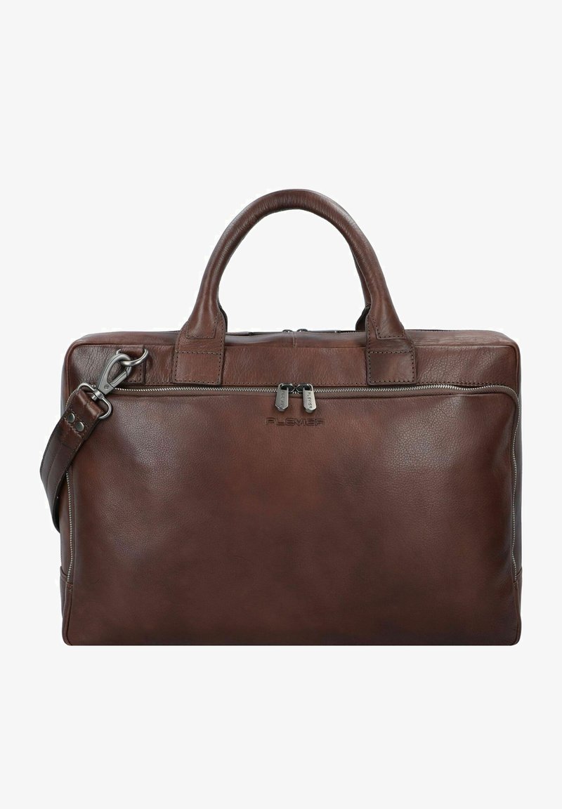 Bruine leren aktetas met twee handvatten aan de bovenkant en een afneembare schouderband. Voorzien van een ritssluiting en logodetail op de voorkant.