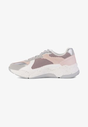 Sneaker with a mixed material design featuring pink, grey, and white textures. Mesh upper, padded heel, and speckled sole for traction.
