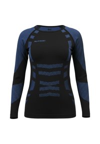 Long-sleeve shirt in black with blue accents. Features textured patterns and branding on the chest. Made from stretchable, moisture-wicking material.