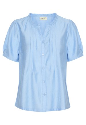 Hele sinine lühikeste varrukatega pluus, mis on nööpidega ees, kudumine tekstuur, plisseeritud disain ja ümar kaelus. Omab puhvvarrukaid.