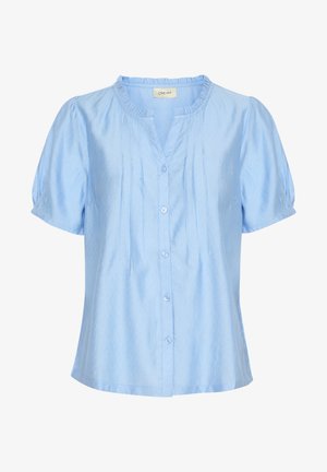 Hele sinine lühikeste varrukatega pluus, mis on nööpidega ees, kudumine tekstuur, plisseeritud disain ja ümar kaelus. Omab puhvvarrukaid.